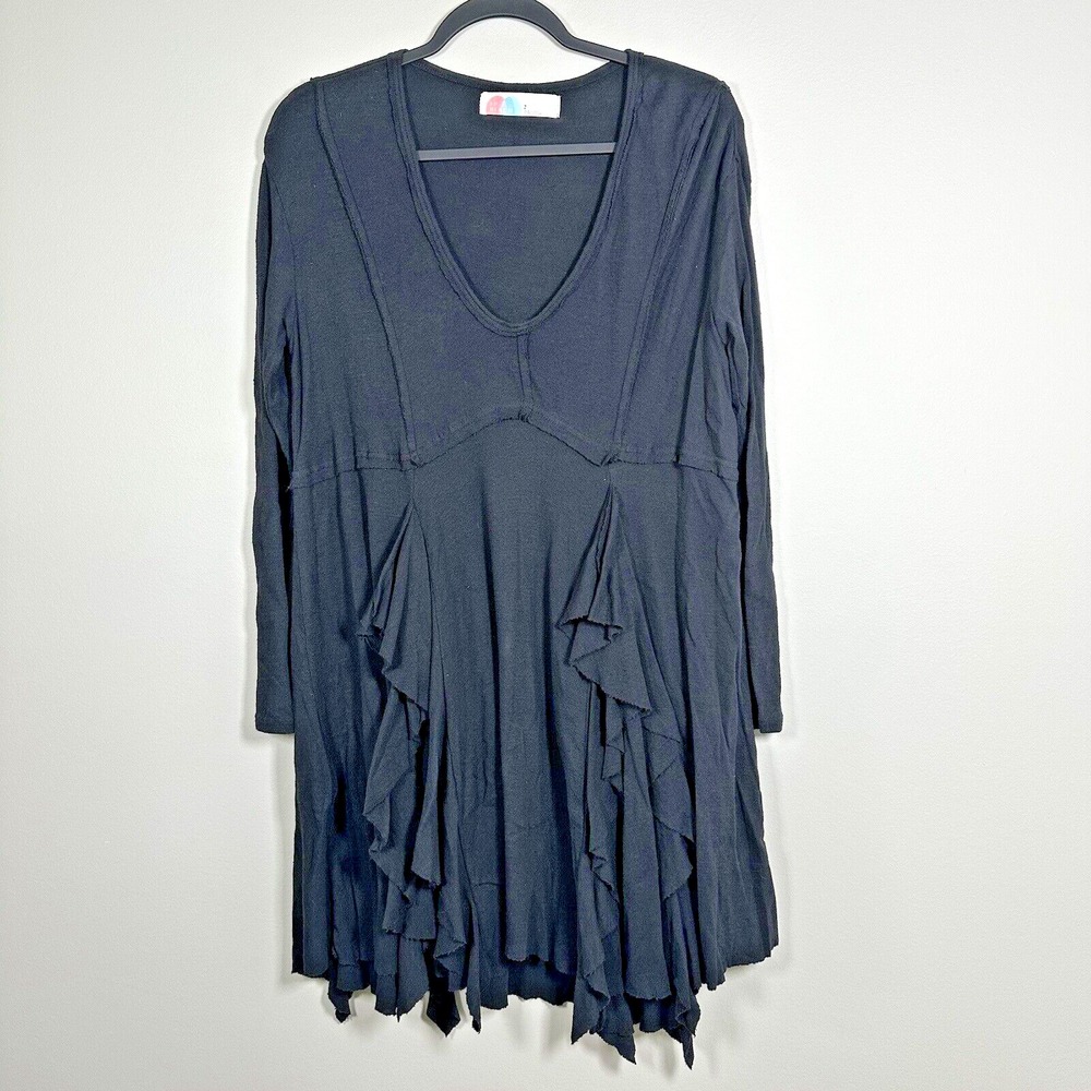 Free People Small Tunic Dress Black Long Sleeve Ruffle Raw Seam FP Beach Boho